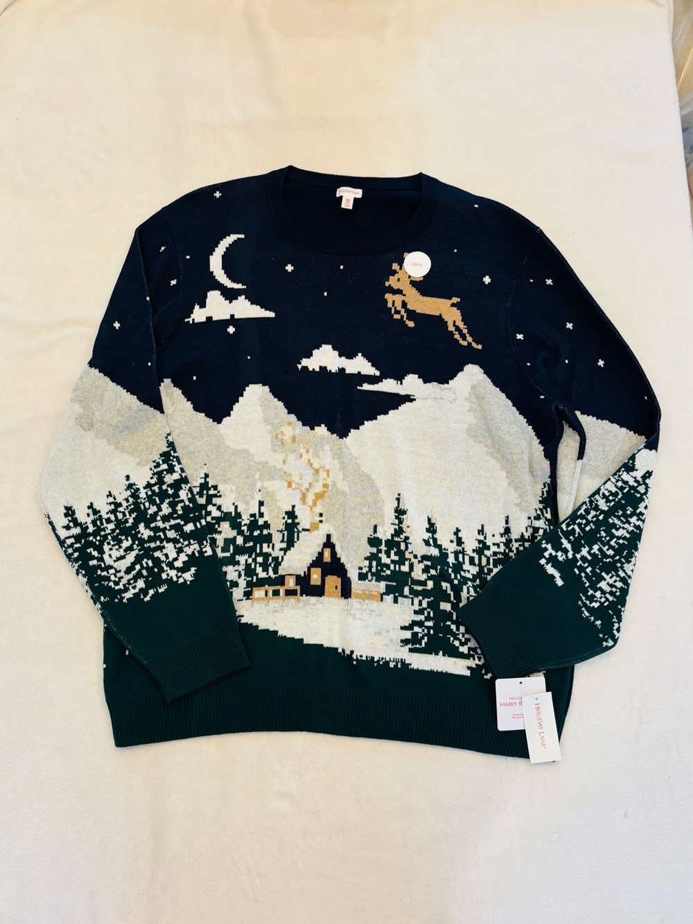 Holiday Lane Men's Cabin Mountain Crewneck Sweater - Dark Green, Navy, White 2XL